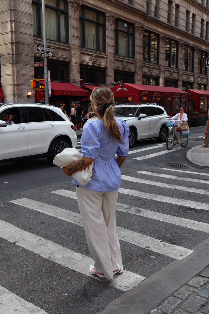 Blouse with puffed sleeves - Blue striped cotton