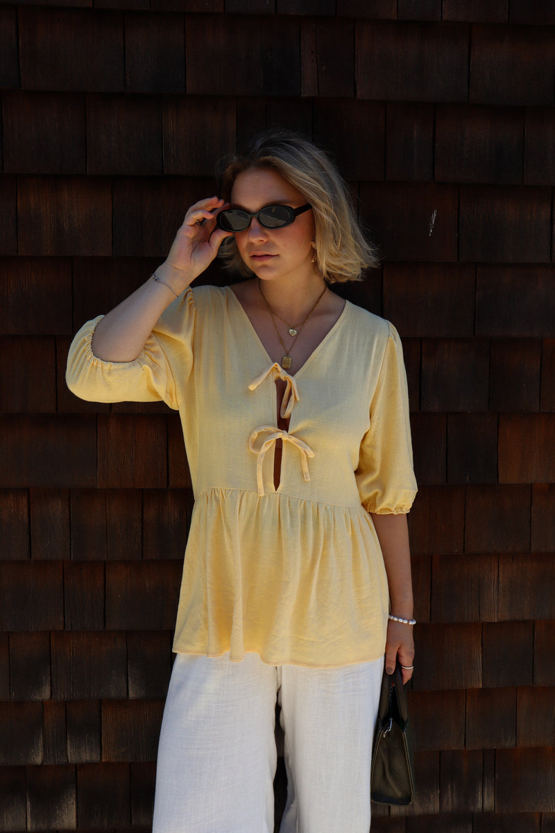 Blouse with puffed sleeves - Yellow linen