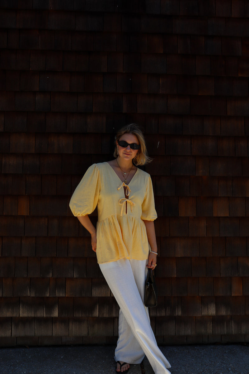 Blouse with puffed sleeves - Yellow linen