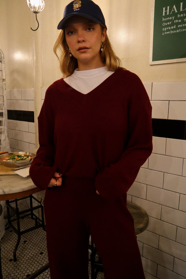 Pull encolure en V - Tricot bourgogne