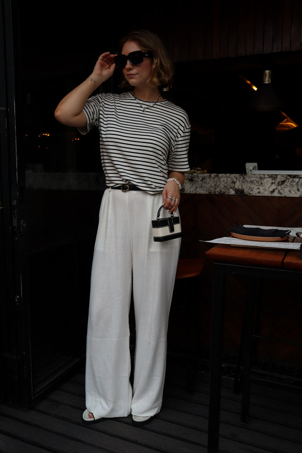 Straight-leg pants with clips - Ivory linen