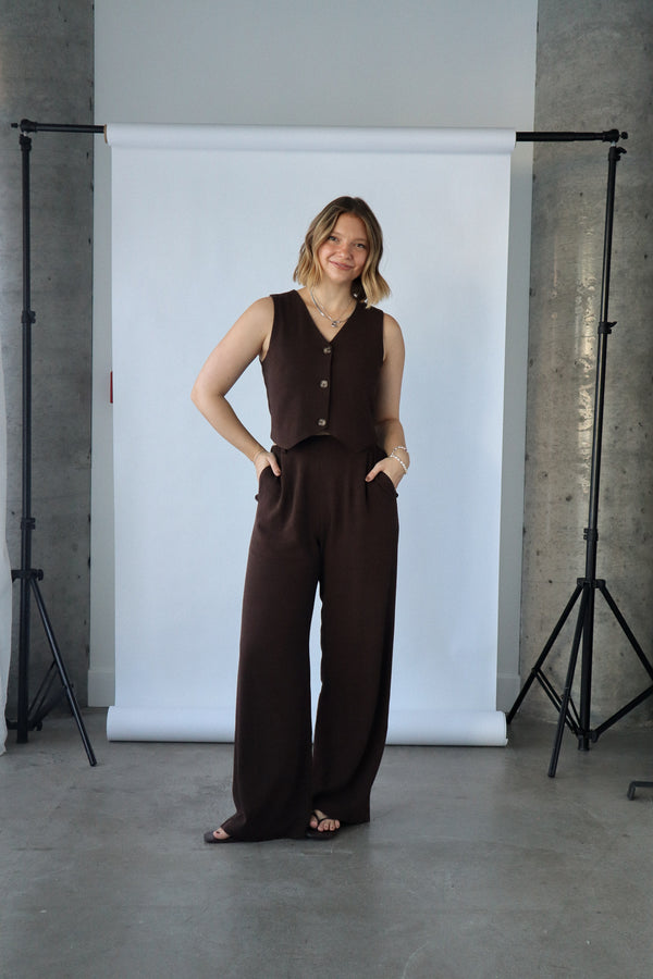 Straight-leg pants with clip - Chocolate linen