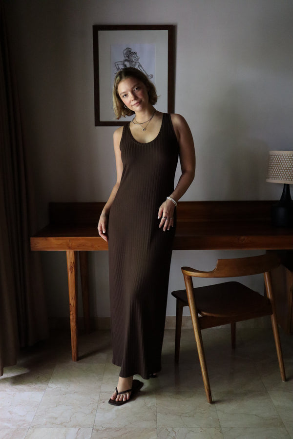 Ribbed Strappy Maxi Dress - Chocolate 