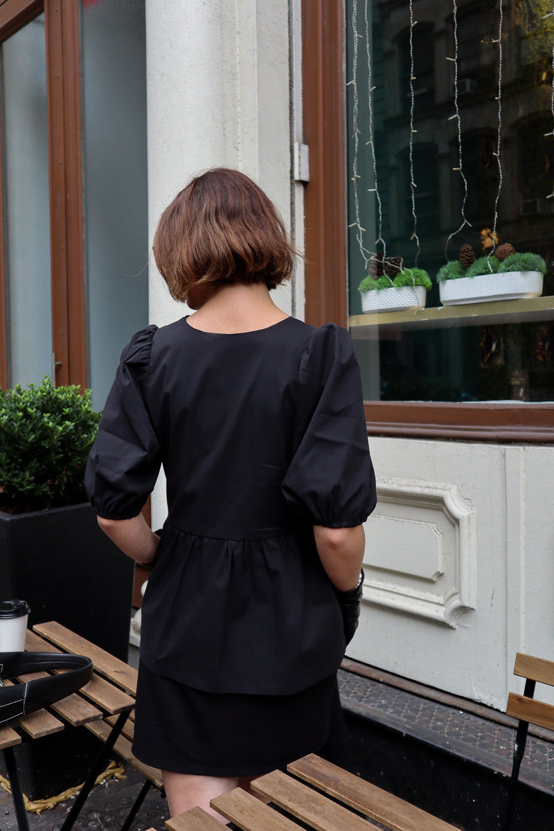 Blouse with puff sleeves - Black cotton 