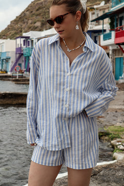 Chemise à manches longues - Lin rayé bleu