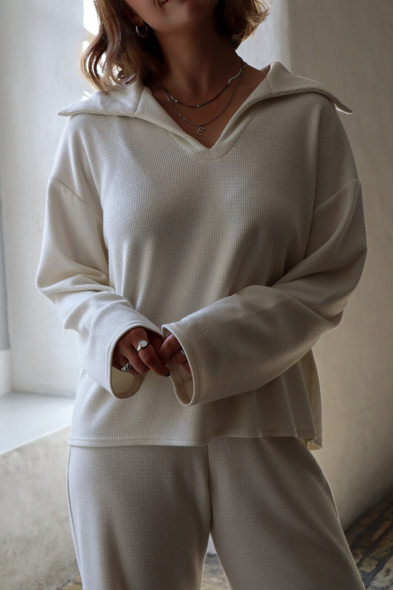 Long Sleeve Polo Shirt - Cream Knit 