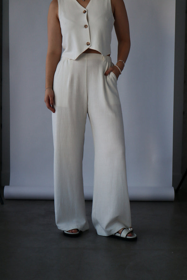 Straight-leg pants with clips - Ivory linen