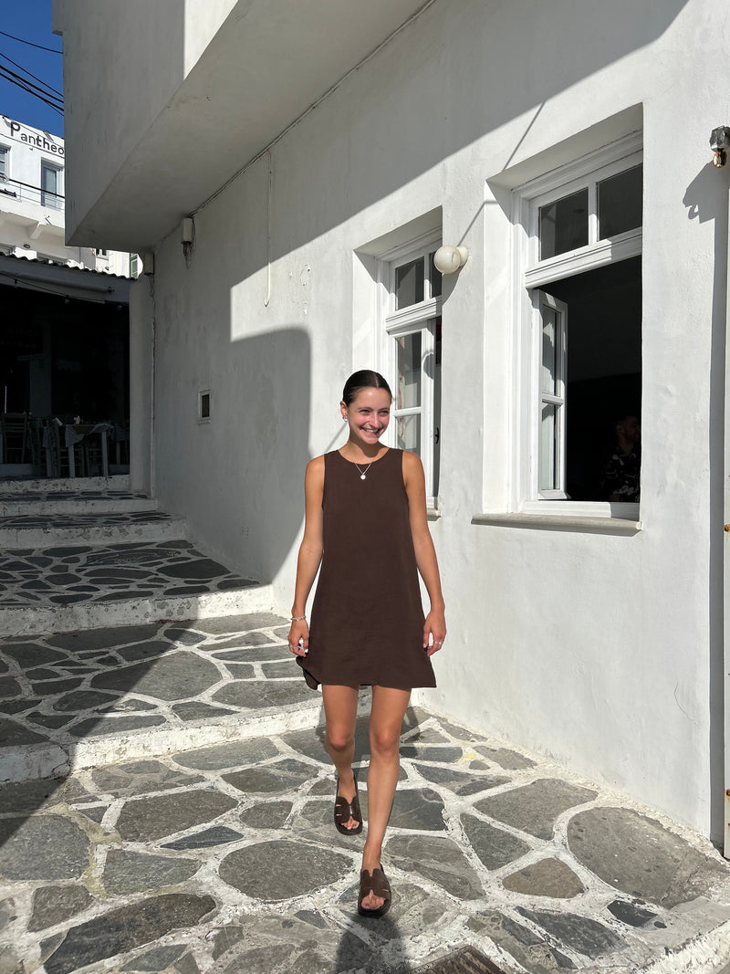 Minimalist short dress - Chocolate linen