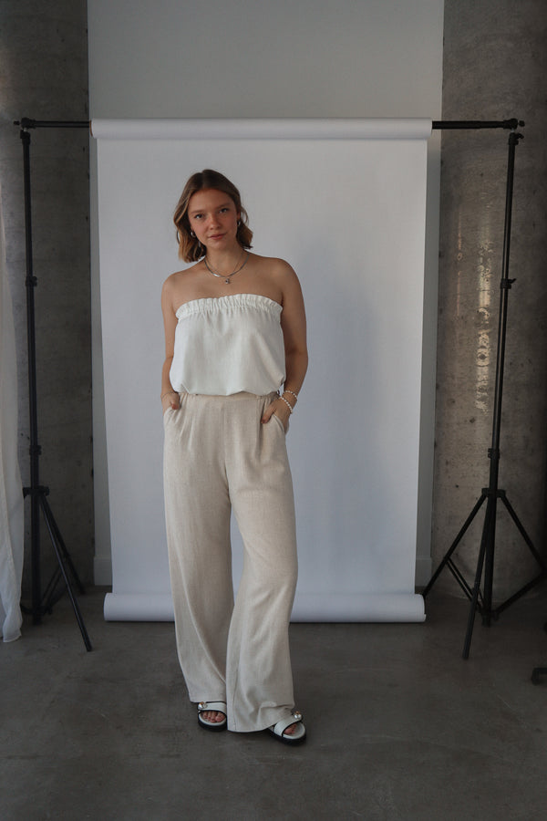 Straight-leg pants with clips - Natural linen