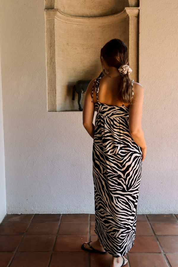 Long dress with linen effect straps - Zebra 