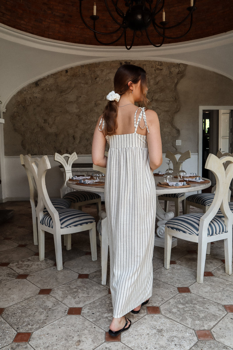 Long dress with straps - Striped linen 