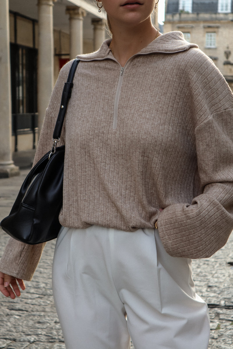 Pull à zip - Tricot taupe